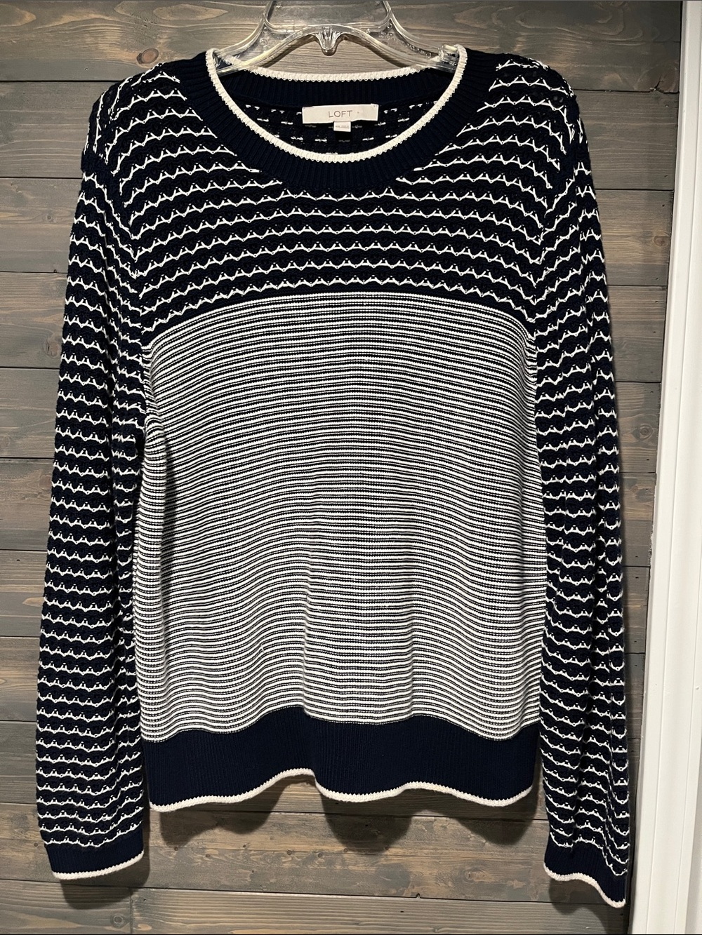 LOFT Navy and White Patterned Crewneck Sweater XXL
